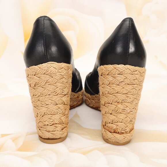 Stuart Weitzman Peep Toe Espadrille Wedge Heels Shoes 7M Black Leather - Picture 9 of 10
